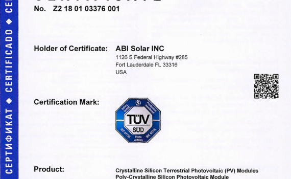 TÜV SÜD certificate # Z2 18 01 03376 001